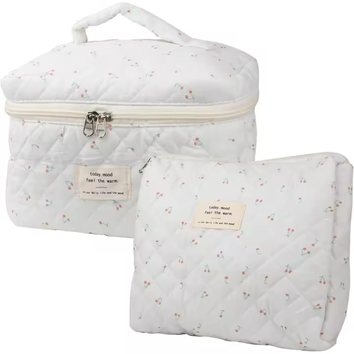 Neceser de Maquillaje de Viaje Bolsa de Cosméticos Grande de Algodón para Mujeres Niños Bolsa de Asiento Cubs Cerezas Floral with Cremallera Blanco - 1