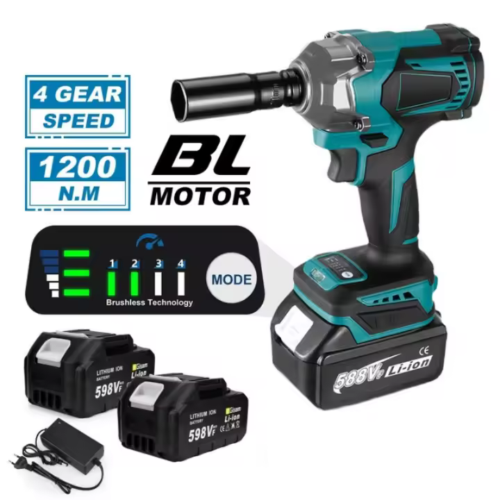 Llave de impacto eléctrica sin escobillas para reparación de automóviles, destornillador inalámbrico de 1/2 pulgadas, herramienta de bricolaje eléctrica para batería Makita de 18V, 1200N.m - 1