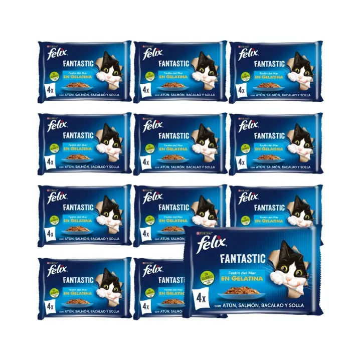 FELIX - Fantastic Gelatina (48x85 gr) - Comida Húmeda Festín del Mar (Atún, Salmón, Bacalao y Solla) (12x4x85 gr) - 1