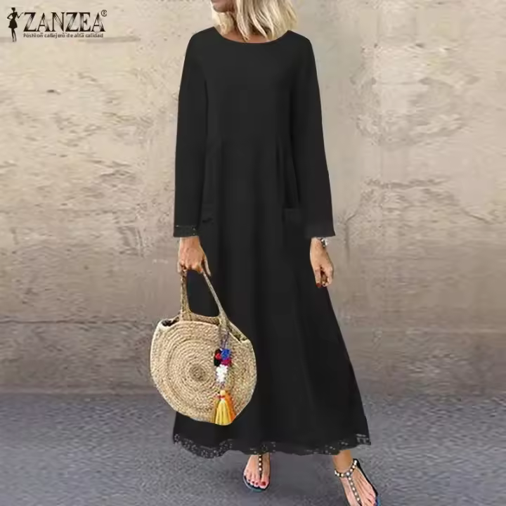 Vestido De Crochet De Encaje Otoño ZANZEA Invierno Para Mujer Sudadera Con Capucha Manga Larga Suéter Pullover De Fleece Sundress De Cuello Redondo Longitud Hombros - 1