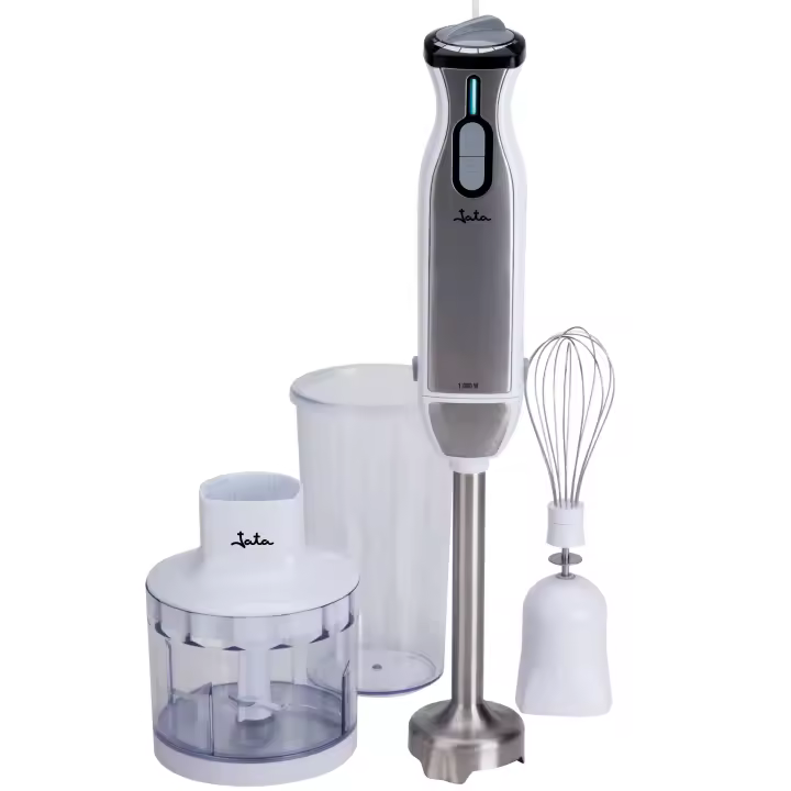 Jata Batidora de mano 1000W inox con doble cuchilla de titanium y todos los accesorios incluidos, Regulador electrónico de velocidad, Pie desmontable, Color Blanco/ Inox [Clase de eficiencia energética A] - BT199 - 1