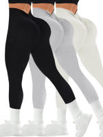 Pantalones De Yoga De Color Sólido Con Cintura Alta En V Y Costuras Sin Marcas Para Mujer Leggings De Gimnasio Y Correr Con Estiramiento Alto Tejidos En Ribete - details 1