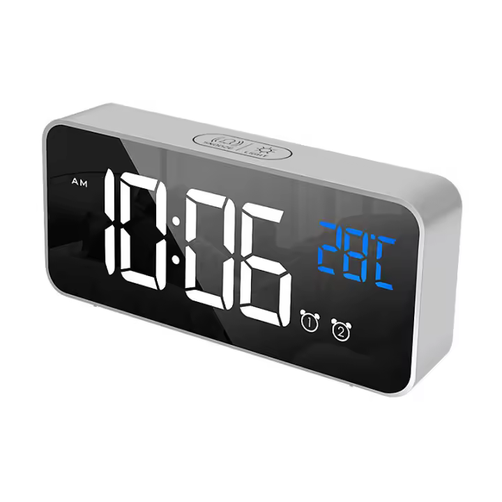 HY Reloj Despertador Digital con Temperatura/Repetición/2 Alarmas/12/24 Horas/Puerto de Carga USB/13 Música (Plata), BSR - 1