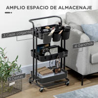 HOMCOM Carro Auxiliar con Ruedas Carrito de Almacenamiento de 3 Niveles con Asa 3 Cajas Colgantes y 4 Ganchos para Salón Comedor Cocina Baño 42x38x86,5 cm Blanco/Negro - details 3