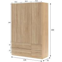 Meimon Armario ropero de 3 puertas y 4 cajones con barra de colgar, estantes regulables y tiradores de aluminio. Fabricado en tablero melaminizado E1, 200x135x52 cm. Acabado Roble Canadian. Peso máximo mueble 50 kg - details 3
