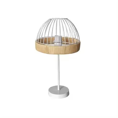 FABRILAMP Lámpara de Mesa Gastón Blanco/Natural Metal y Ratán 1xe27 (46xØ25x25cm) - 1