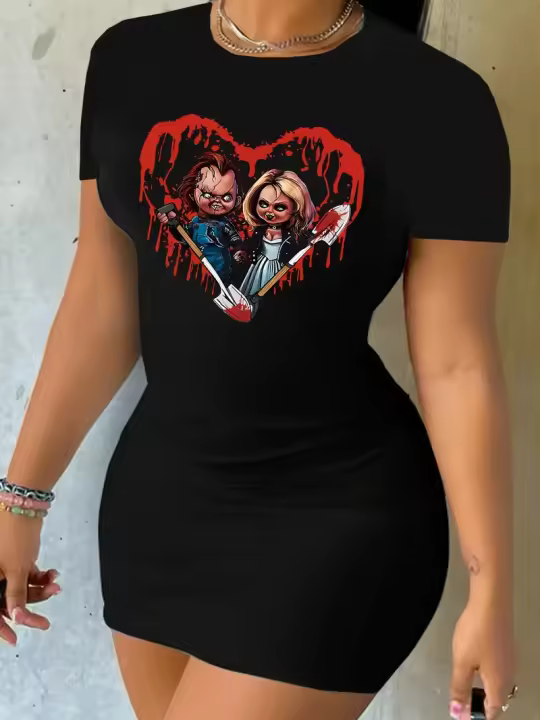 Vestido Bodycon De Primavera/Verano Con Estampado De Corazón Y Dibujos Corto Ajustado Moda Verano Vestido De Mujer Con Cuello En V Y Manga Corta - 1