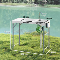 Outsunny Mesa para Limpiar Pescado Portátil Mesa Plegable para Camping con 2 Fregaderos Manguera de Drenaje Estación de Limpieza y Grifo para Pesca Barbacoa Blanco - details 2