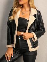 Chaqueta De Cuero PU Con Panel De Oso Moda Feminina Vintage Cuello Alto Doble Botones Corte Corto Para Mujer - details 2