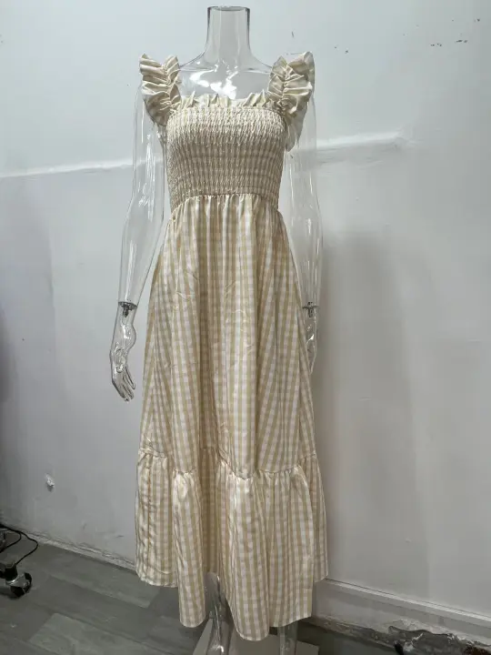 Vestido Elegante De Verano Para Mujer Con Patrón De Cuadros Y Suspensión Elástica Ajuste Suave Sin Mangas Cuello Abierto Longitud Hombro a Tobillo - 1