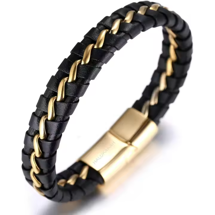 Niños ● Solo Junior ● Pulsera de cuero genuino para niños, negro, edades de 6 a 12 años. Cadena de titanio oro/plata, cierre magnético, edad 2: 7 "+ 0,7" (18 + 1,5 cm) - 1