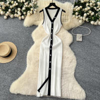 Vestido Largo Sin Mangas De Verano Para Mujer REALEFT V-neck Cintura Imperio Slim Alineado Hasta La Cintura De Poliéster - details 3
