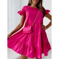 Vestido Corto De Verano Para Mujer Estilo Casual Con Mangas Flare Y Cuello Redondo Color Sólido Vestido De Fiesta De Vacaciones Largo De Rodilla Ajuste Suave - details 1