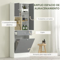 HOMCOM Armario de Baño con Cesto Ropa Sucia Armario Alto de Baño Estrecha con Espejo Cajón Compartimentos Abiertos y Estantes Ajustables 62x28,3x181 cm Blanco y Gris - details 0