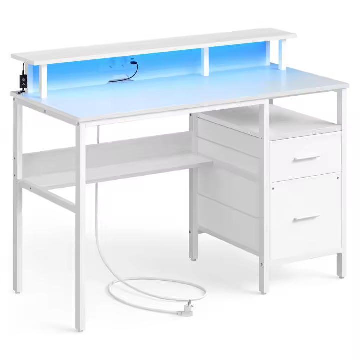 VASAGLE Escritorio con Cajones de Tela, Luces LED y Tomas Corriente Incorporadas, Estante para Monitor, Escritorio Esquinero, 2 Cajones, 2 Puertos USB, para Oficina Casa, Negro Ébano/Marrón Rústico/Blanco Arce - 1