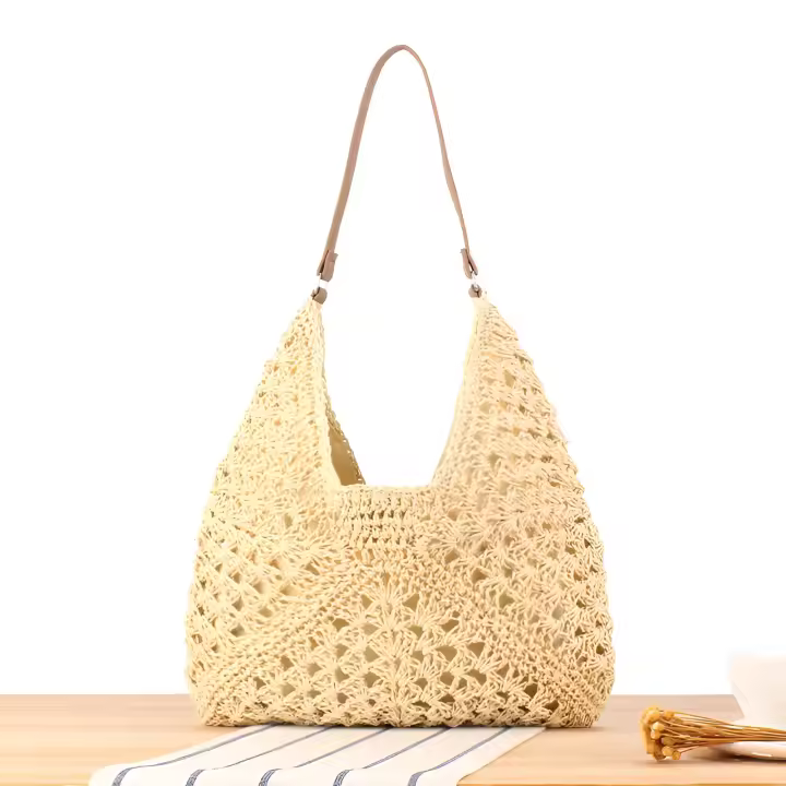 Bolso de hombro tejido de paja para mujer, bolso de mano de tamaño mediano con asa para vacaciones en la playa, Popular - 1