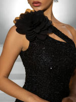 Vestido De Fiesta UNITHORSE Negro Con Abertura Alta Y Decoración De Flor En El Hombro Para Mujer Vestido De Una Sola Manga De Gran Estilo Para Ocasiones Especiales - details 1
