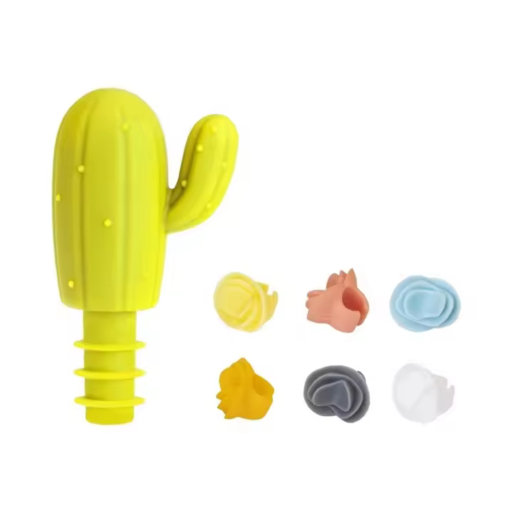 Vigar - Set Vino Silicona Cactus (Tapon Botella Y 6 Marcadores) - Tapón De Silicona Para Botellas De Vino - 6 Marcadores Para Identificar Copas - Diseño Divertido De Cactus - Material De Alta Calidad - Ideal Para Regalar A Amantes Del V - 1