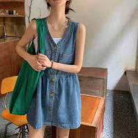 Vestido Mini De Verano Para Mujer Estilo Coreano Sin Mangas Con Tirantes Y Bolsillos Denim A-Line Solapa Suelta Vestido De Corte Vintage - details 5