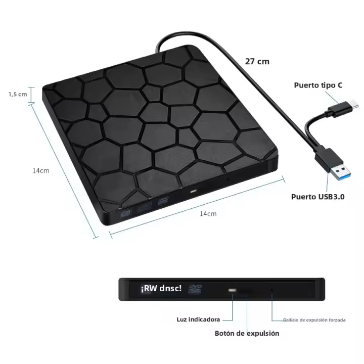 Unidad De DVD RW Externa USB 3.0 Tipo C 2 En 1 Interfaz Slim Lectura Y Escritura Para Laptop PC Lector Y Reproductor De Óptico CD Y DVD - 1