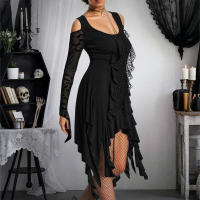 Vestido De Fiesta Gótico Para Mujer Con Hombros Descubiertos Y Volante Largo Manga Completa Estampado Sólido Cuello En V Estilo Asimétrico S-2XL - details 2