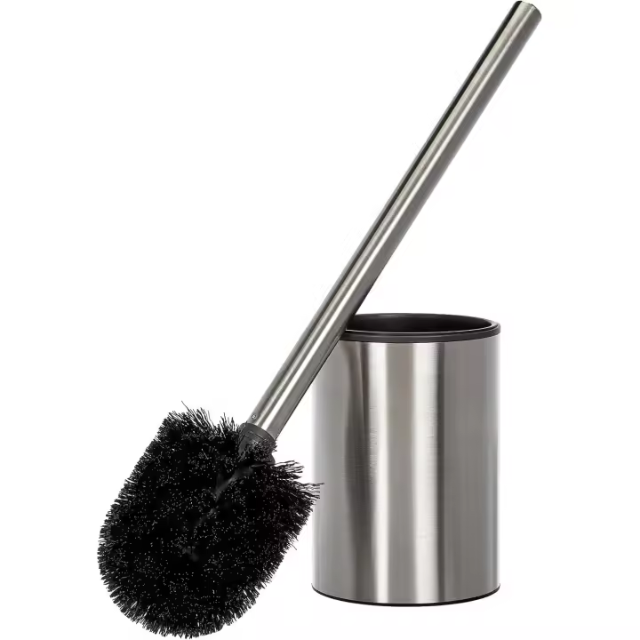 Escobilla de baño satinada, fabricada en acero inoxidable, con cubo interior de polipropileno, cepillo negro, libre de BPA. Medidas: 9 x 9 x 37 cm. - 1
