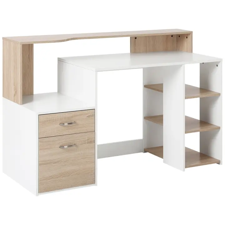 HOMCOM Mesa de Ordenador PC 137x55x92 cm Escritorio con Estantería de 3 Estantes 2 Cajones y Soporte para Impresora para Oficina Estudio Despacho - 1