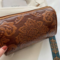 Bolso De Hombro Cruzado Estilizado Chino Para Mujeres Bolso Cilíndrico Con Relieve De Flor Cierre De Cremallera Material PU Y Lona Interior - details 15