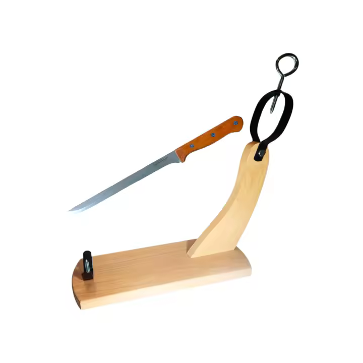 HAPPY FRIENDS Jamonero de Madera y Acero + Cuchillo Jamonero Acero Inoxidable | Soporte de Jamón | Soporte para pata y paleta de Jamón serrano e ibérico | Cuchillo Jamonero Acero Inox. | Fácil de Limpiar | Dos Modelos de Soporte a Elegir - 1