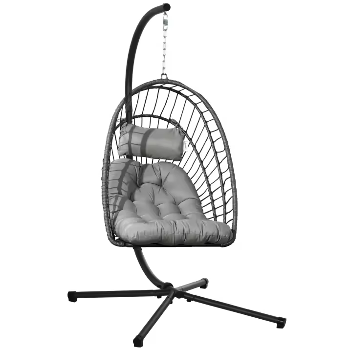 Silla hamaca 194 cm Cesta columpio plegable con armazón y Cojines para Jardín interior y exterior hasta 100 kg Gris Claro - 1