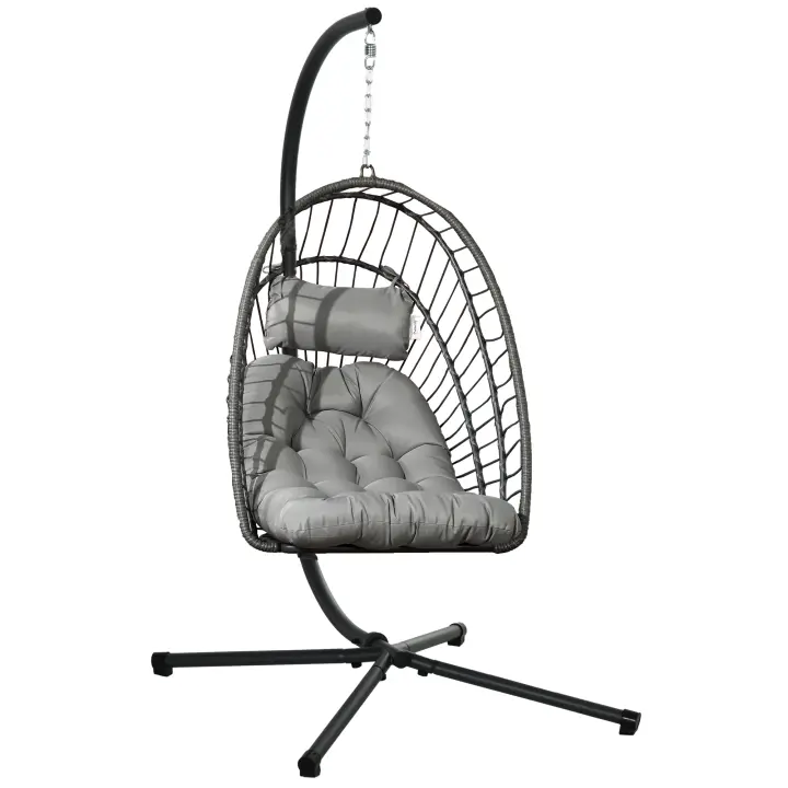 Silla hamaca 194 cm Cesta columpio plegable con armazón y Cojines para Jardín interior y exterior hasta 100 kg Gris Claro - 1