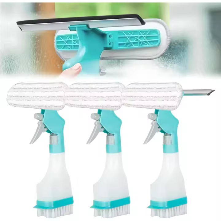 Cepillo de limpieza multifuncional 4 en 1, limpiador de ventanas de doble cara con raspador, rociador, cepillo de felpa y cepillo duro, herramienta de limpieza del hogar para espejos de ventanas, cerámica, encimeras, parabrisas de automóviles (3 piezas) - 1