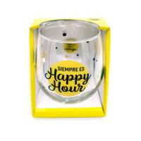 Vaso de vidrio con la frase "Siempre es Happy Hour cuando estoy Contigo" y elementos decorativos - details 0