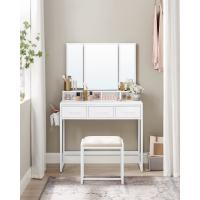 Tocador con espejo triple, taburete acolchado incluido, soporte para secador, con 3 cajones, mesa de maquillaje, varios colores - details 1