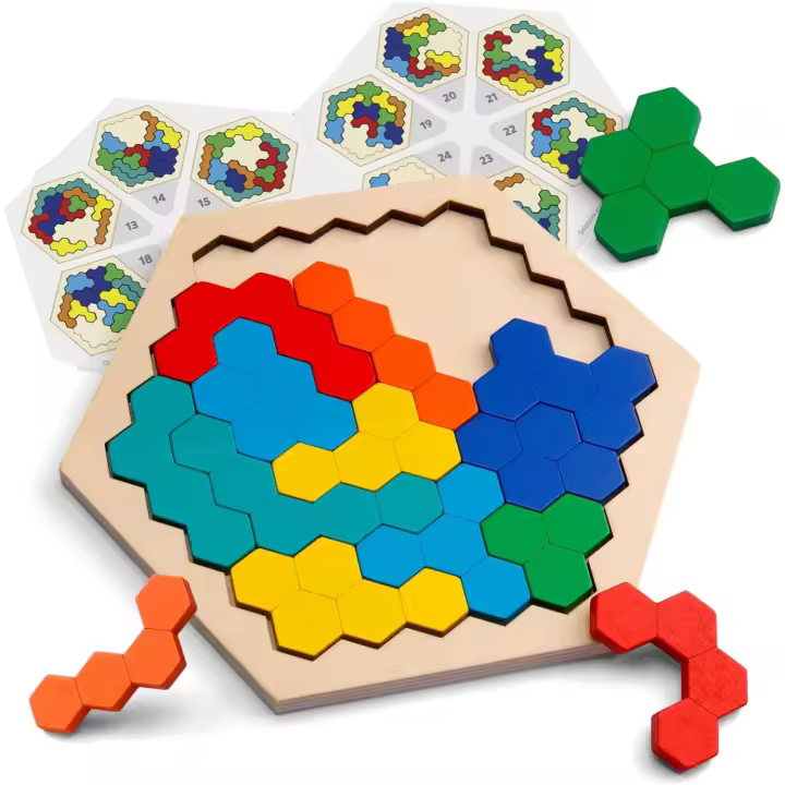 Rompecabezas de madera con forma de hexágono, bloques Tangram, juguete de acertijo, juego de lógica geométrica, regalo educativo Montessori para todas las edades - 1