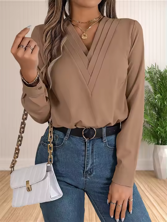 Blusa Elegante De Negocios Para Mujer Con Cuello En V Y Mangas Largas Vestido Trabajo Tops Casual De Poliéster Transpirable Para Otoño/Winter - 1