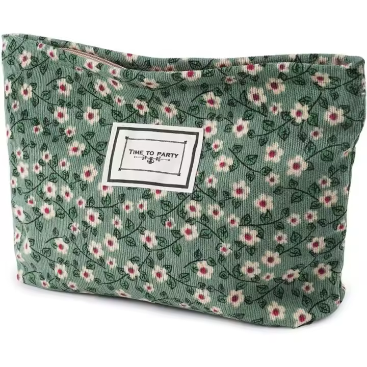 Neceser Maquillaje Floral para Mujer, Bolsas de Cosméticos de Tejido de Pana con Cremallera, Neceser Portátil, Multifunctional Organizador para Viaje -Margarita Verde - 1