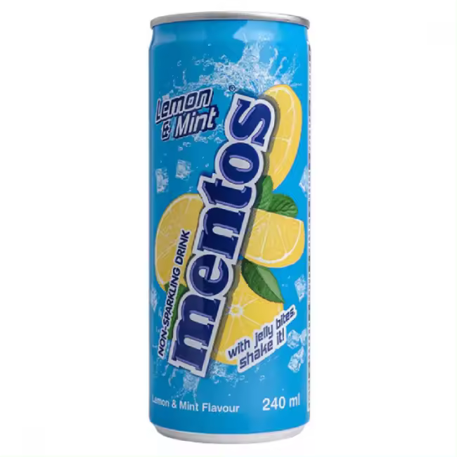 Mentos Fruity Mix,/Mentos Apple Soda Kick,/Mentos Limón y Menta bebida MENTOS con sabor a mix de fruta/Manzana/Limón y Menta con trozos de gelatina de coco 6,12 latas 240ml . Bebida de refresco moda marca Mentos con diferentes sabores de frutas a elegir - 1