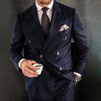 Traje Azul Oscuro Con Rayas Para Hombre 2 Piezas Chic Forma Elegante Doble Breasted Chaqueta Y Pantalón Slim Fit Traje De Noche Casual De Alta Calidad - details 4