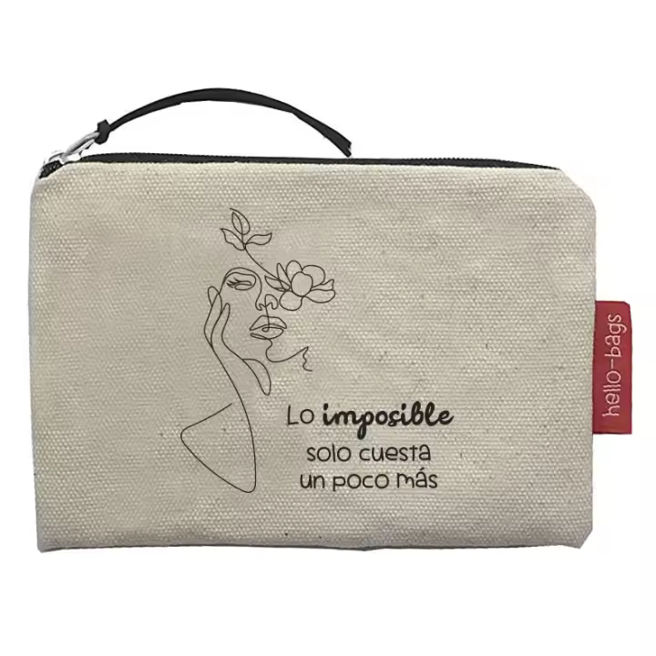 Hello-Bags. Bolso Monedero / Billetero / Tarjetero con cremallera y forro interior. Exterior: Algodón 100%. Incluye sobre kraft de regalo. Modelo: "LOIMPOSIBLE". Crudo / Negro. 14x10 cm. - 1