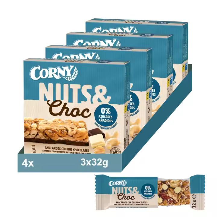 CORNY Barritas Nuts&Choc de Anacardos y Chocolate. Sin Azúcares Añadidos. 4 Packs de 3x32gr - 1