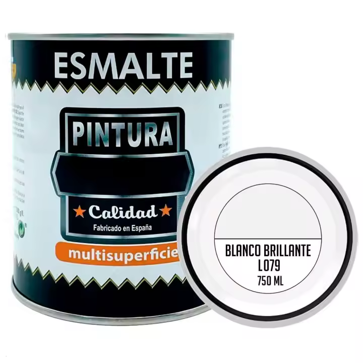 Tradineur - Bote de Pintura Esmalte - Fabricado en España - Ideal para cualquier superficie, Madera, Plástico, Cristal o Cemento - Capacidad de 750 ML - Blanco Brillo (L079) - 1