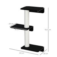 PawHut Árbol para Gatos de Pared con 3 Plataformas Cojín Extraíble y 2 Postes Rascadores de Sisal Torre para Escalar 63x28x93,5 cm Negro y Blanco - details 2