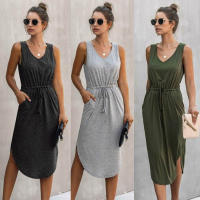 Vestido Midi Sin Mangas Para Mujer Casual Verano Algodón Sólido V-Neck Ajustable Estilo Casual Longitud Media Pierna - details 0