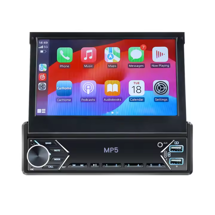 Reproductor Multimedia Carplay 1 Din 7'' Bluetooth Radio Retráctil Android Auto MP5 HD Stereo USB AUX CAM Para Coche Universal - 1