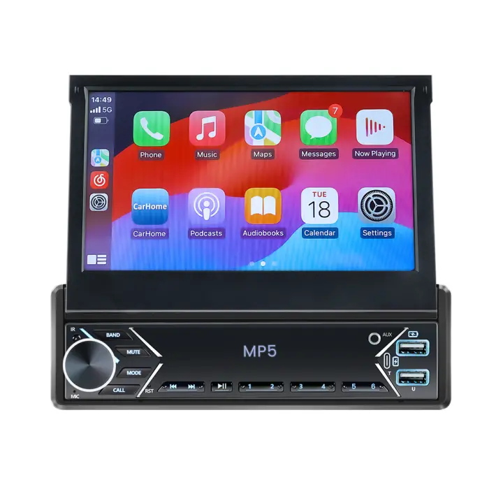 Reproductor Multimedia Carplay 1 Din 7'' Bluetooth Radio Retráctil Android Auto MP5 HD Stereo USB AUX CAM Para Coche Universal - 1