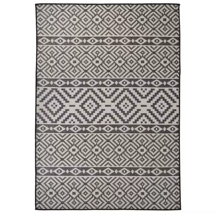 vidaXL Alfombra de exterior de tejido plano 140x200 cm en color Marrón/Estampado azul/Rayas negras y más - 1
