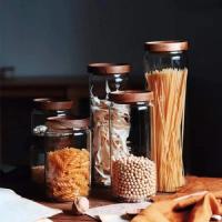 Frascos de vidrio para almacenamiento de alimentos con sello hermético, tapas de madera, frascos de especias con tapa, Organización para contenedores de frascos, azúcar, sal, café - details 0
