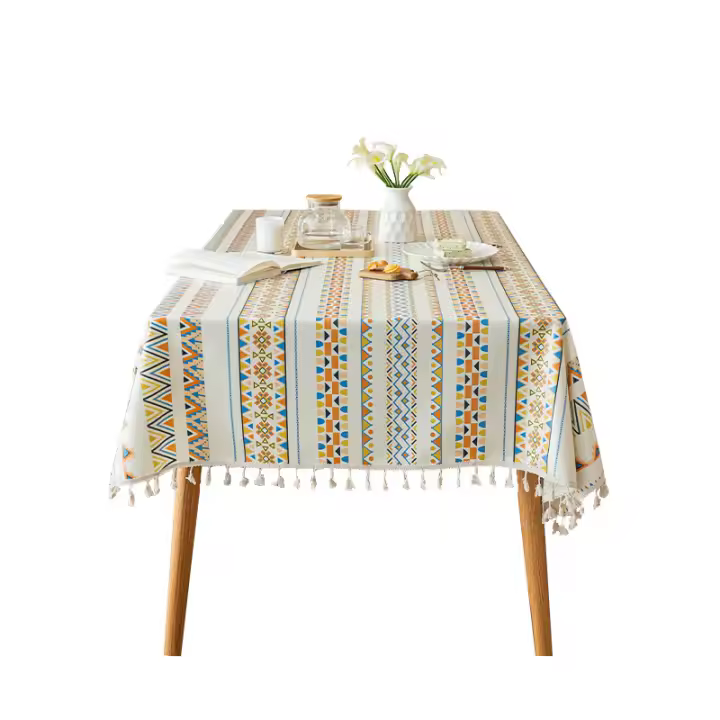 Mantel De Algodón Y Lino Resistente Al Agua Y a Los Aceites Estilizado Étnico Rectangular Con Borlas Para Uso Doméstico - 1