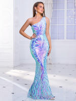 Vestido De Fiesta Largo De Encaje Con Un Hombro Sin Mangas Ajustado Para Mujer Color Azul Verde Rosa Lavanda Elegante Y Sexy - details 16
